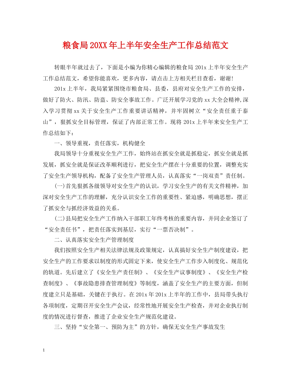 粮食局20XX年上半年安全生产工作总结范文 _第1页