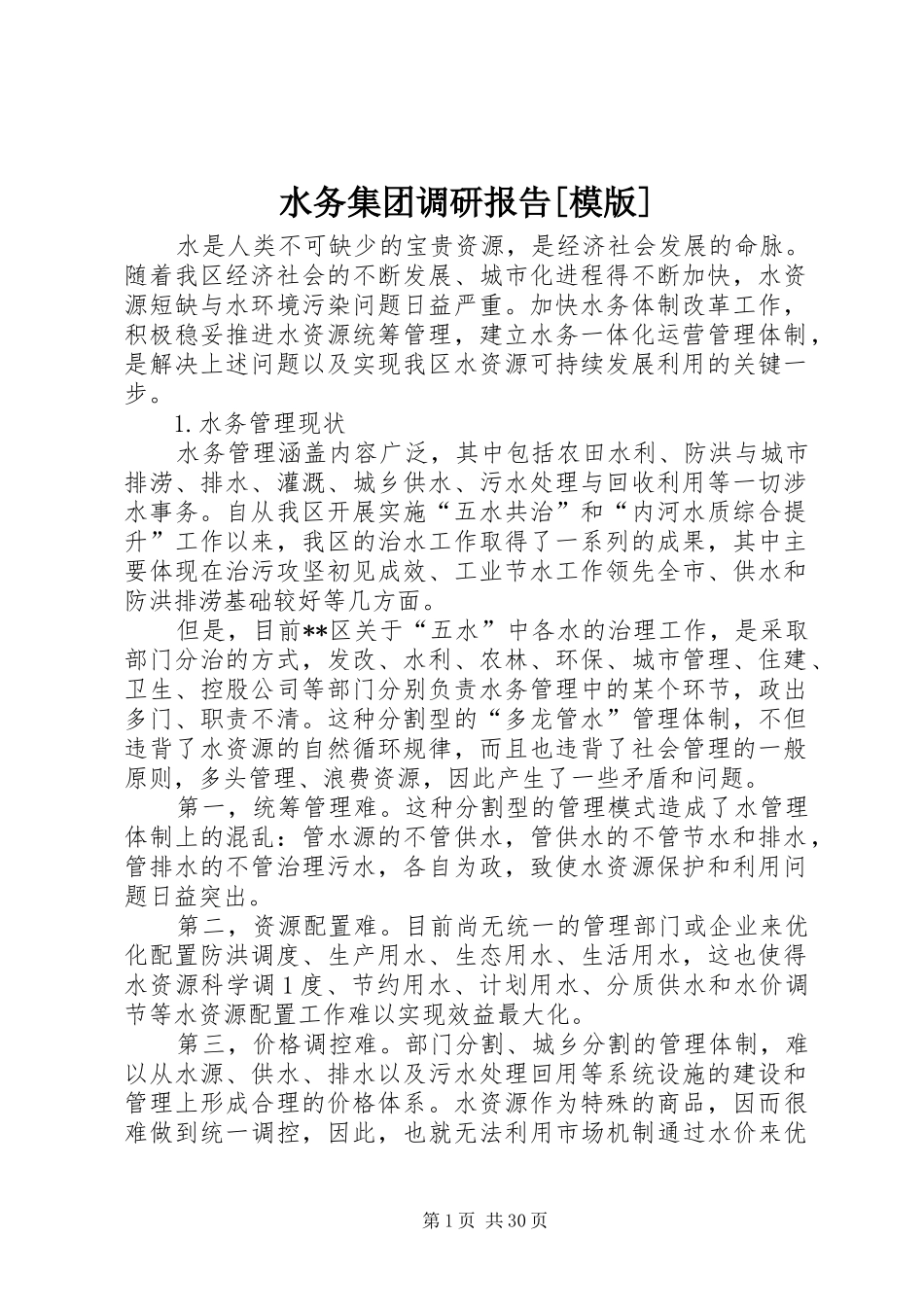 水务集团调研报告[模版]_第1页