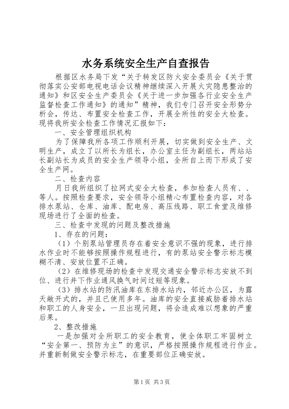 水务系统安全生产自查报告_第1页