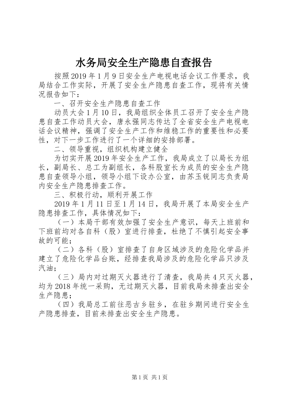 水务局安全生产隐患自查报告_第1页