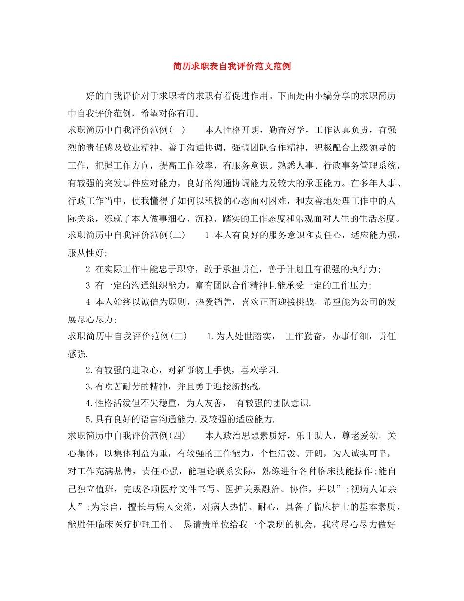 简历求职表自我评价范文范例 _第1页