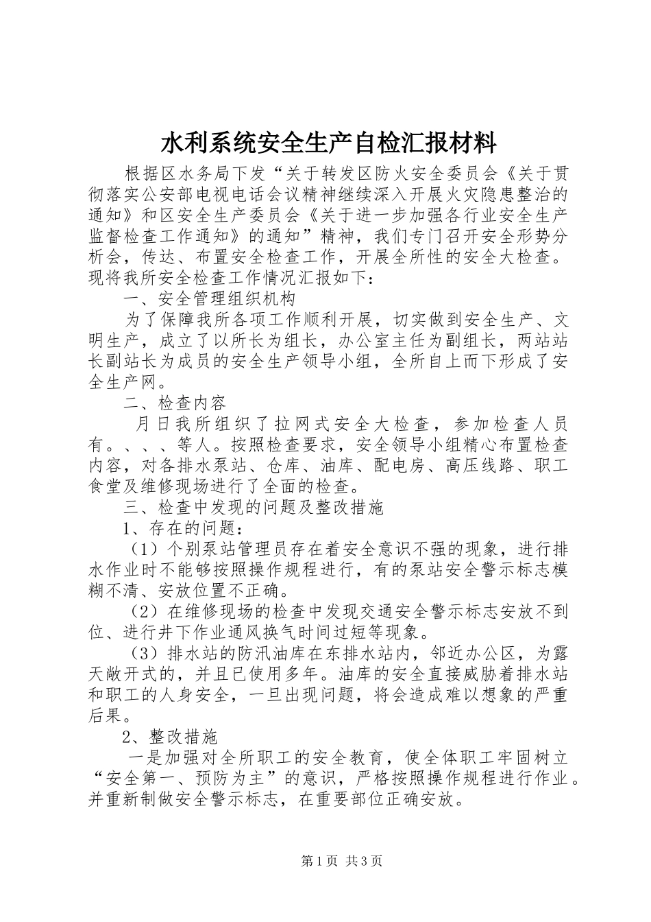 水利系统安全生产自检汇报材料_第1页
