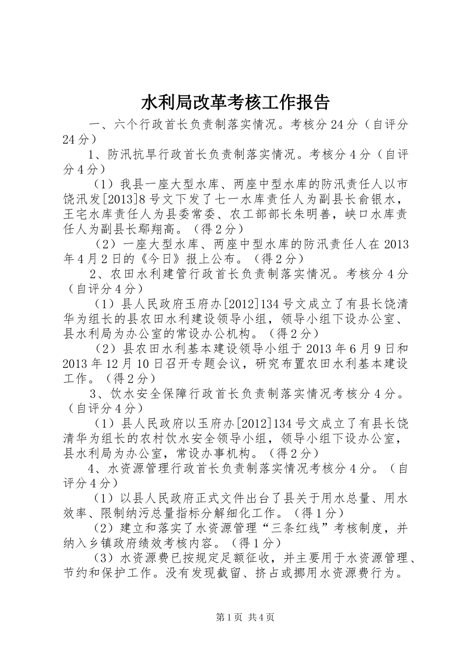 水利局改革考核工作报告_第1页