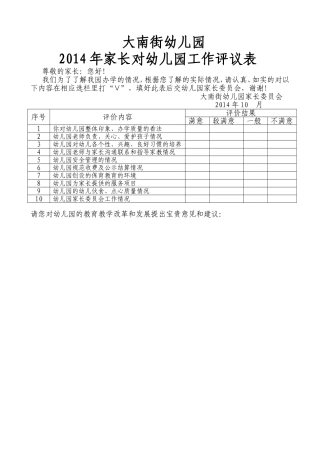 家长对幼儿园工作评议表