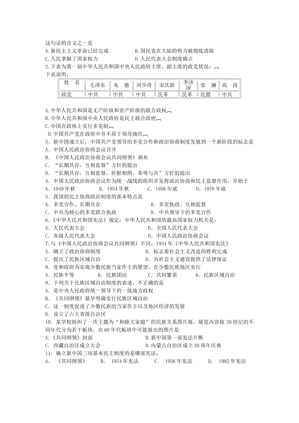 专题四第一课新中国的民主政治建设导学案_第2页