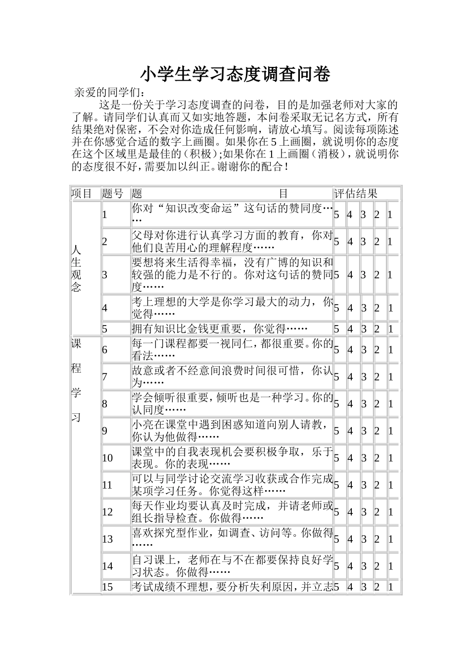 小学生学习态度调查问卷_第1页