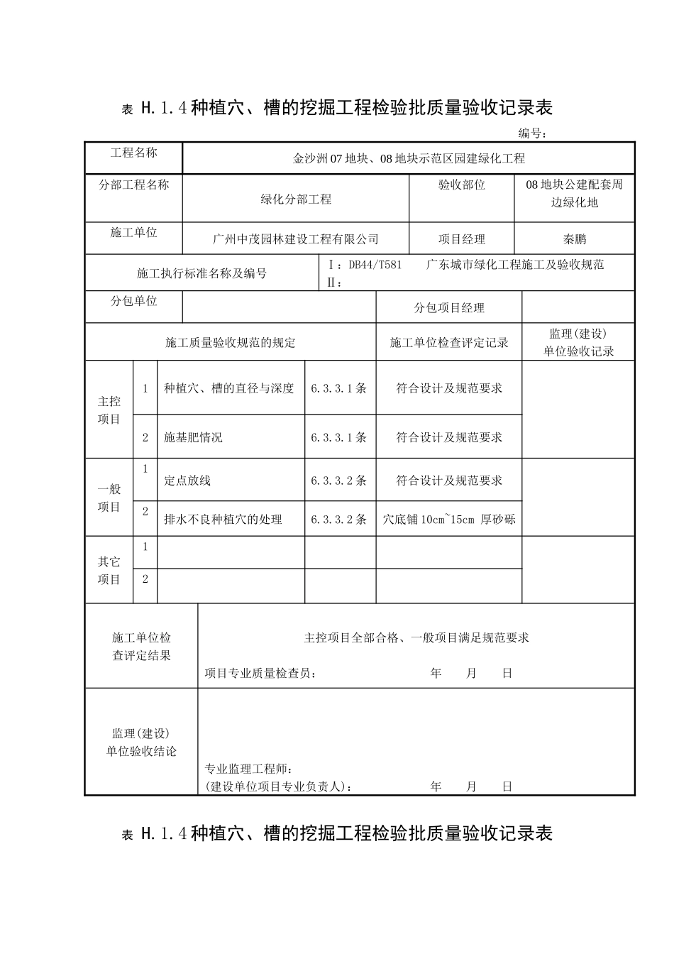 种植穴、槽的挖掘工程检验批质量验收记录表_第1页