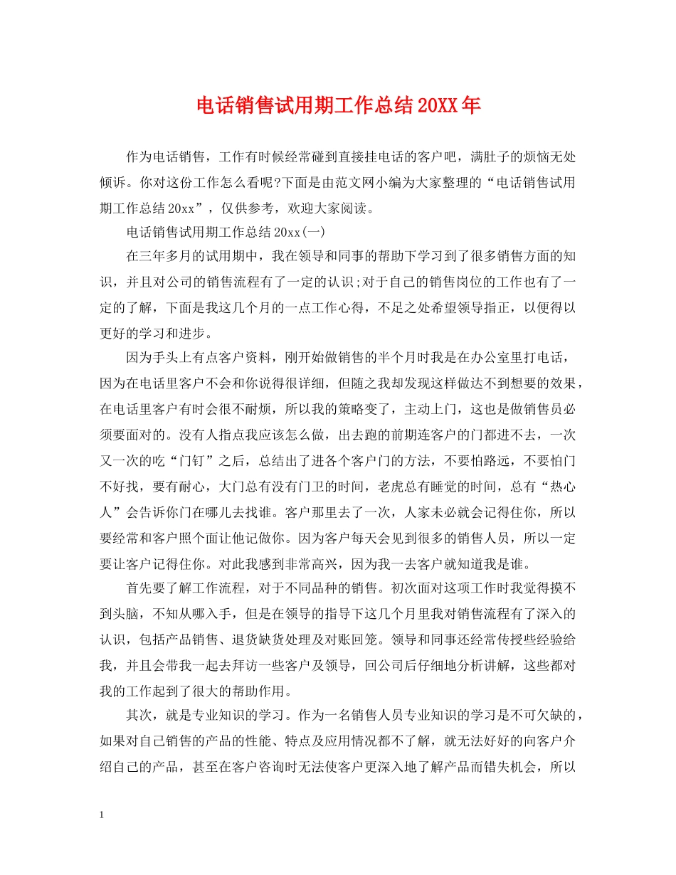 电话销售试用期工作总结20XX年 _第1页