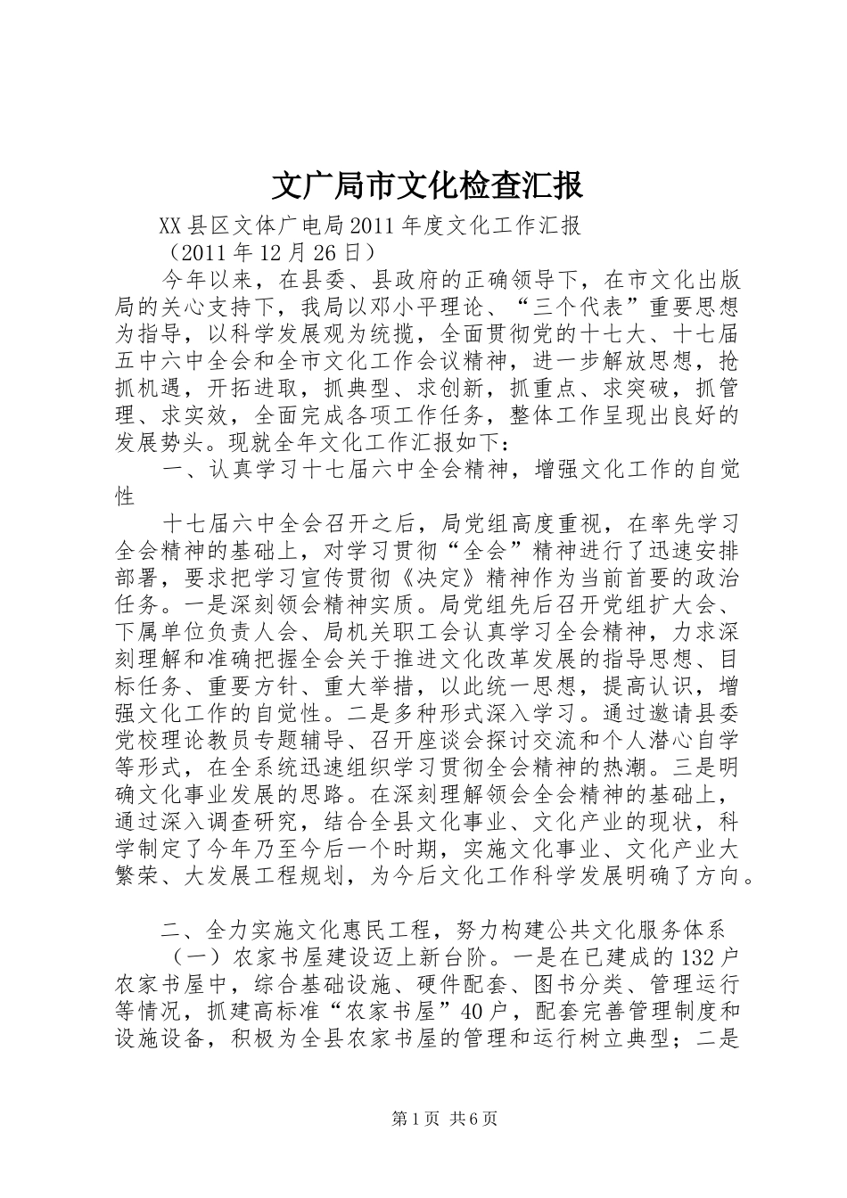文广局市文化检查汇报_第1页