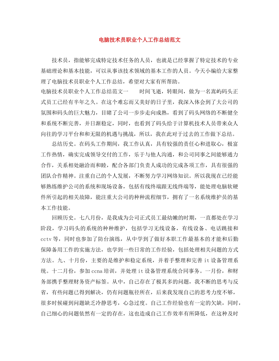 电脑技术员职业个人工作总结范文 _第1页