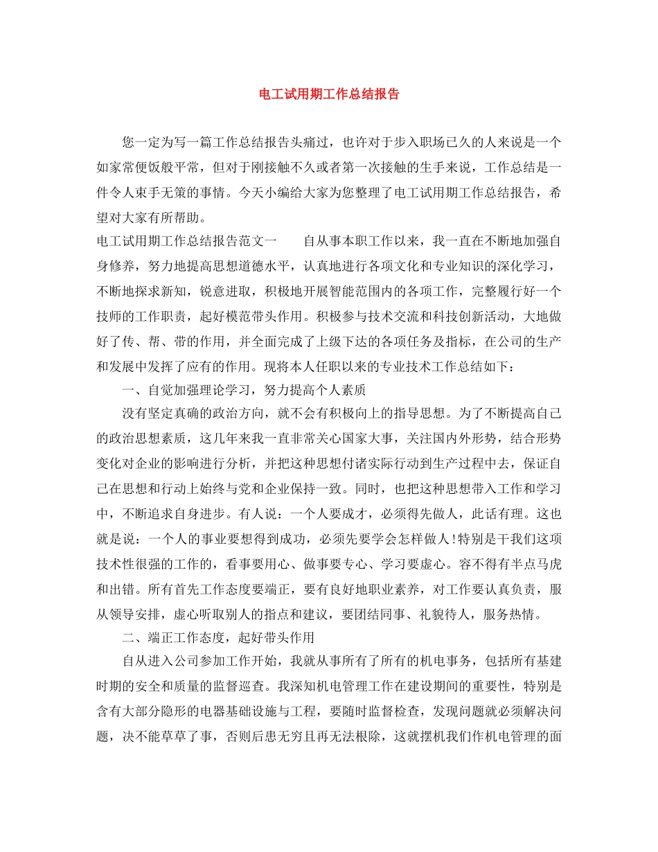 电工试用期工作总结报告 _第1页