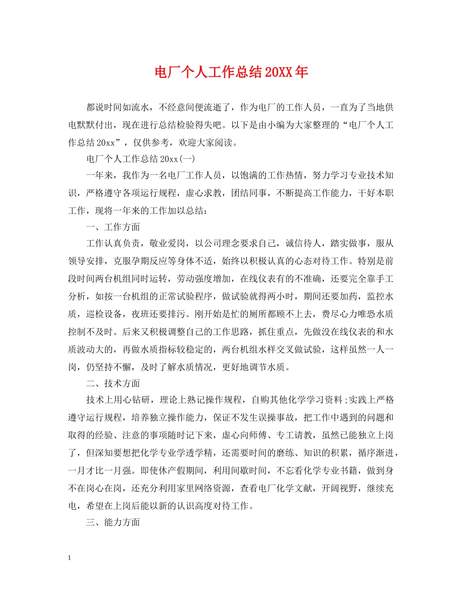电厂个人工作总结20XX年 _第1页