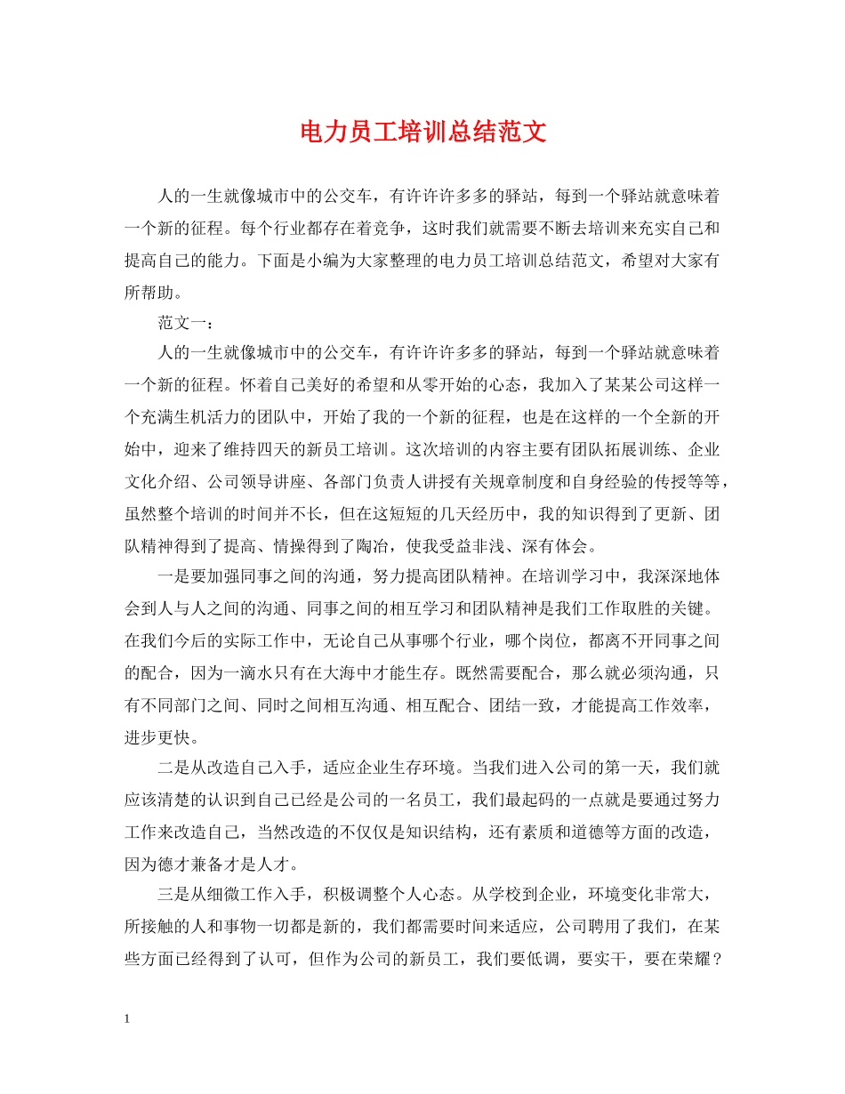 电力员工培训总结范文 _第1页