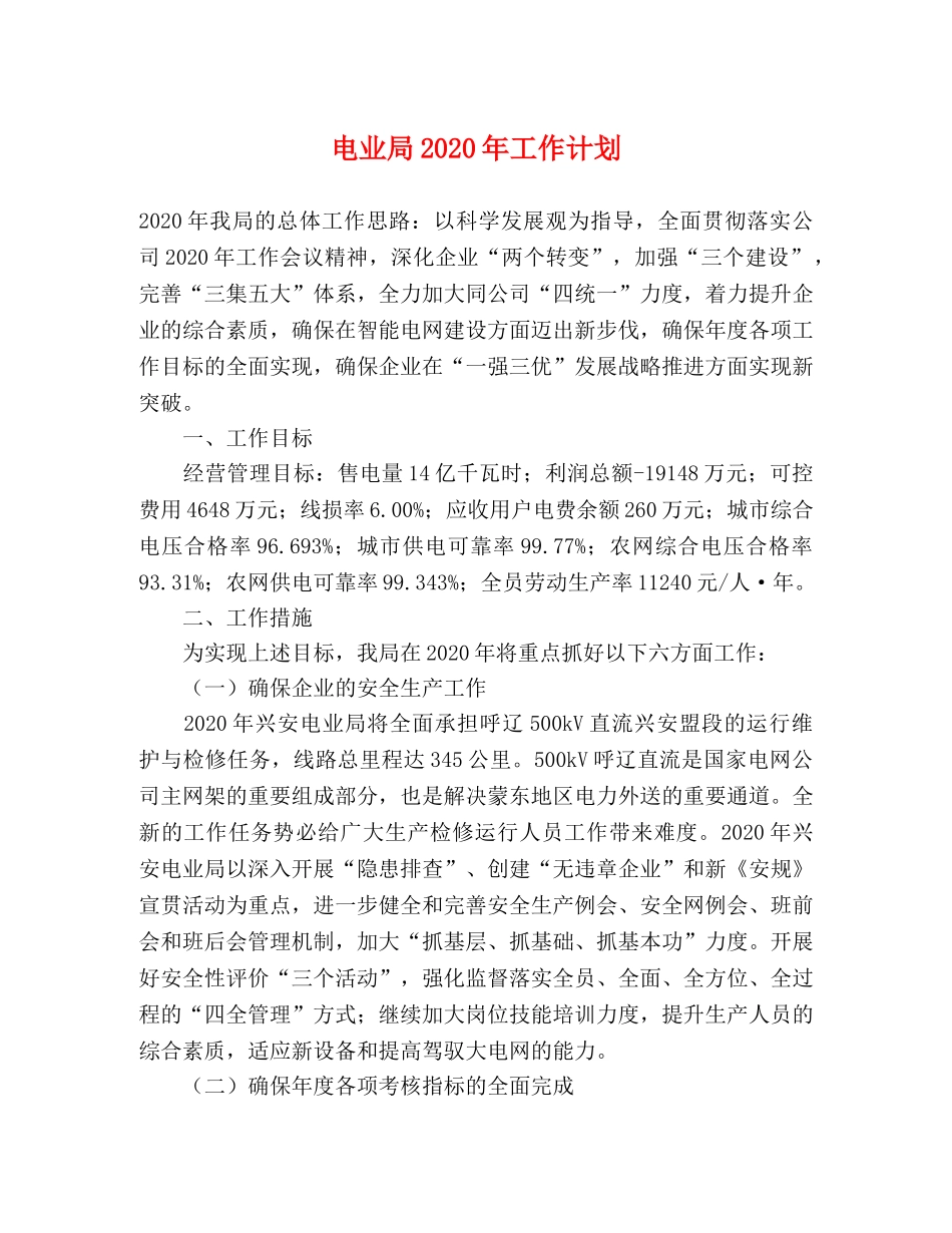 电业局2020年工作计划 _第1页