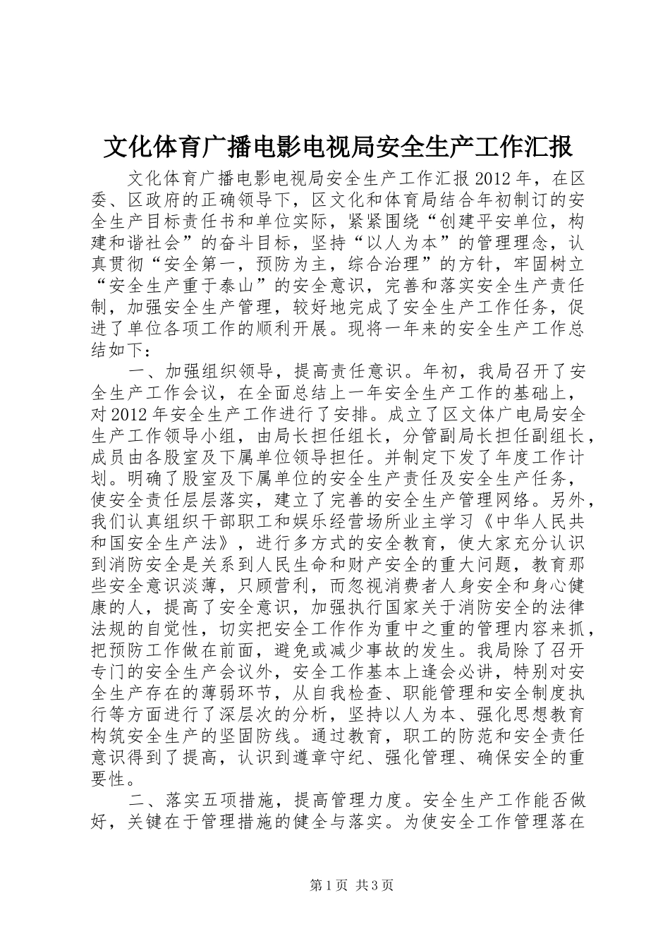 文化体育广播电影电视局安全生产工作汇报_第1页