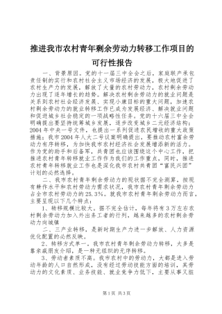 推进我市农村青年剩余劳动力转移工作项目的可行性报告