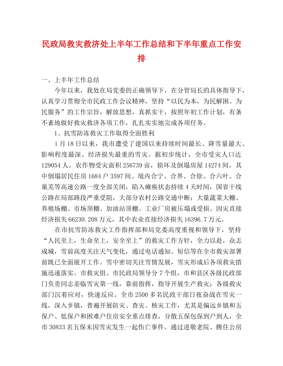民政局救灾救济处上半年工作总结和下半年重点工作安排 _第1页
