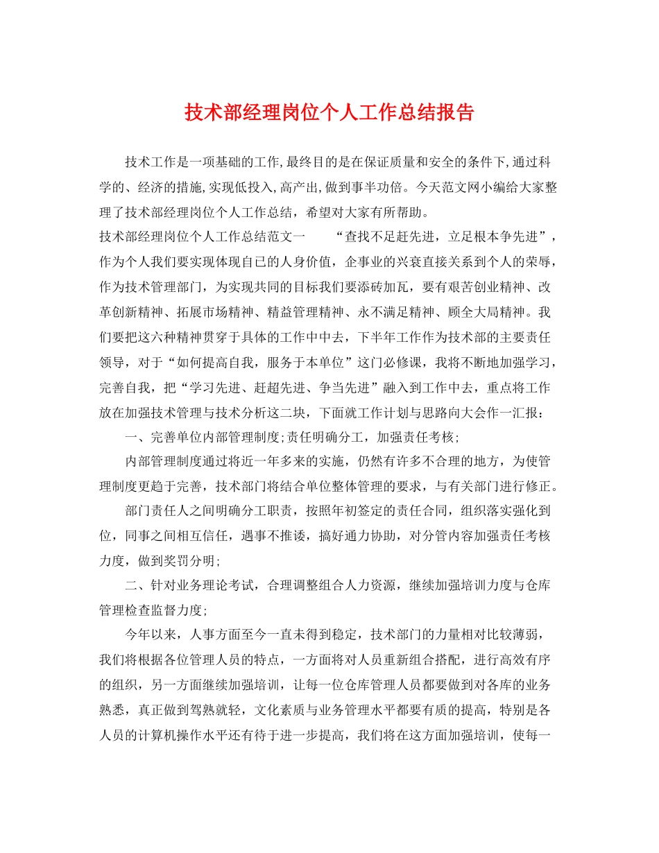 技术部经理岗位个人工作总结报告 _第1页