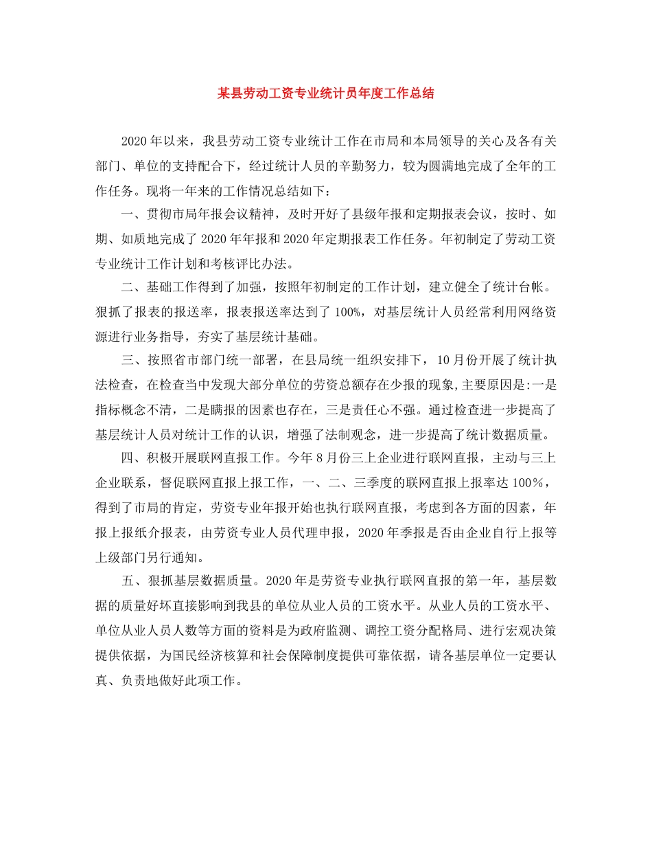 某县劳动工资专业统计员年度工作总结 _第1页