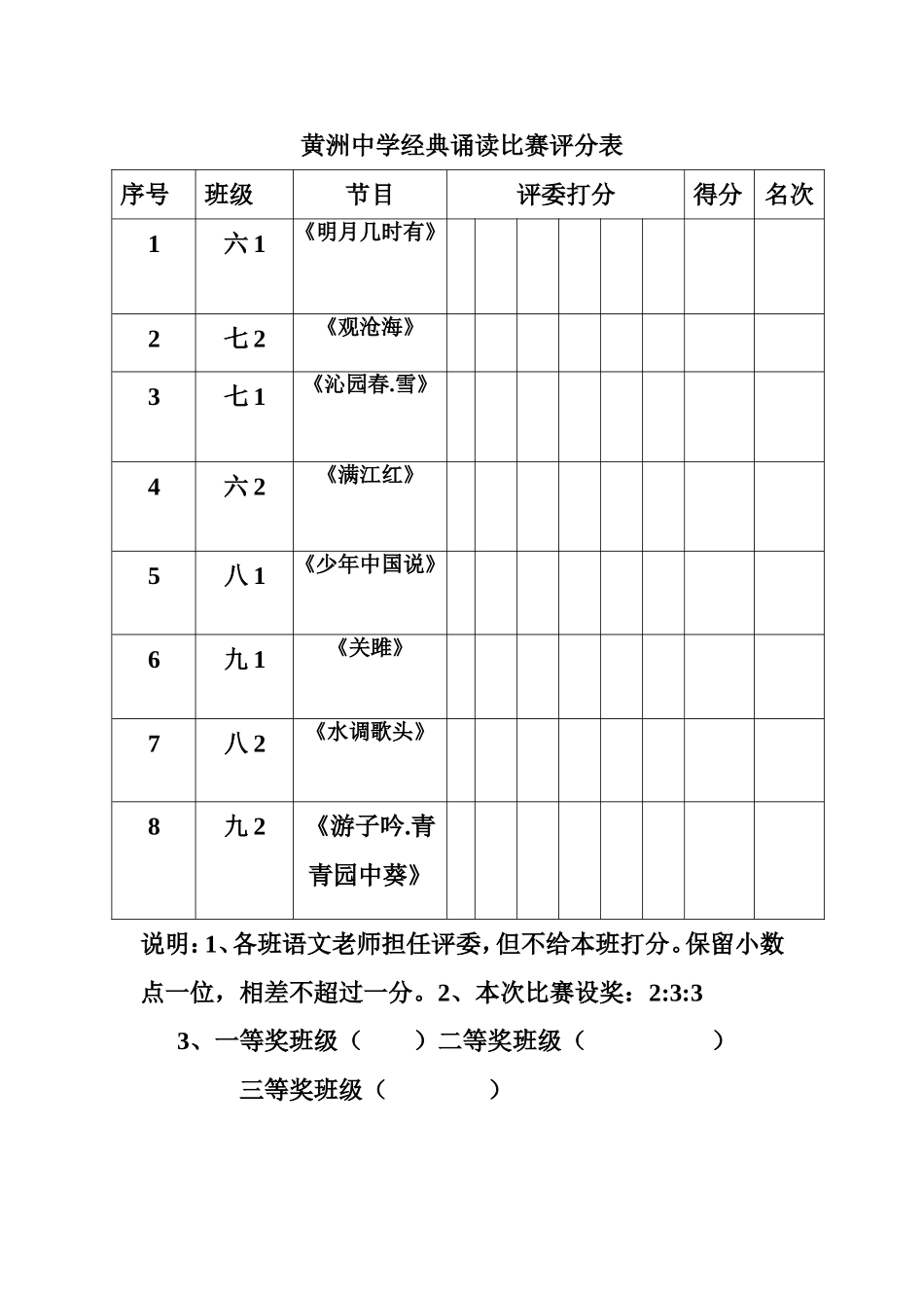 黄洲中学经典诵读比赛评分zongfen表_第1页