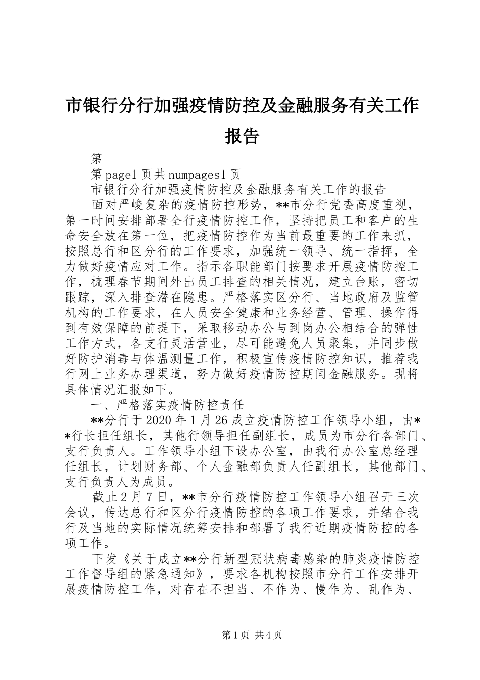 市银行分行加强疫情防控及金融服务有关工作报告_第1页