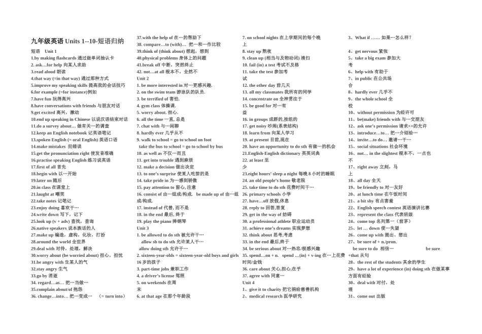 九年级英语短语归纳(1-10)_第1页