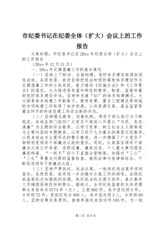 市纪委书记在纪委全体（扩大）会议上的工作报告