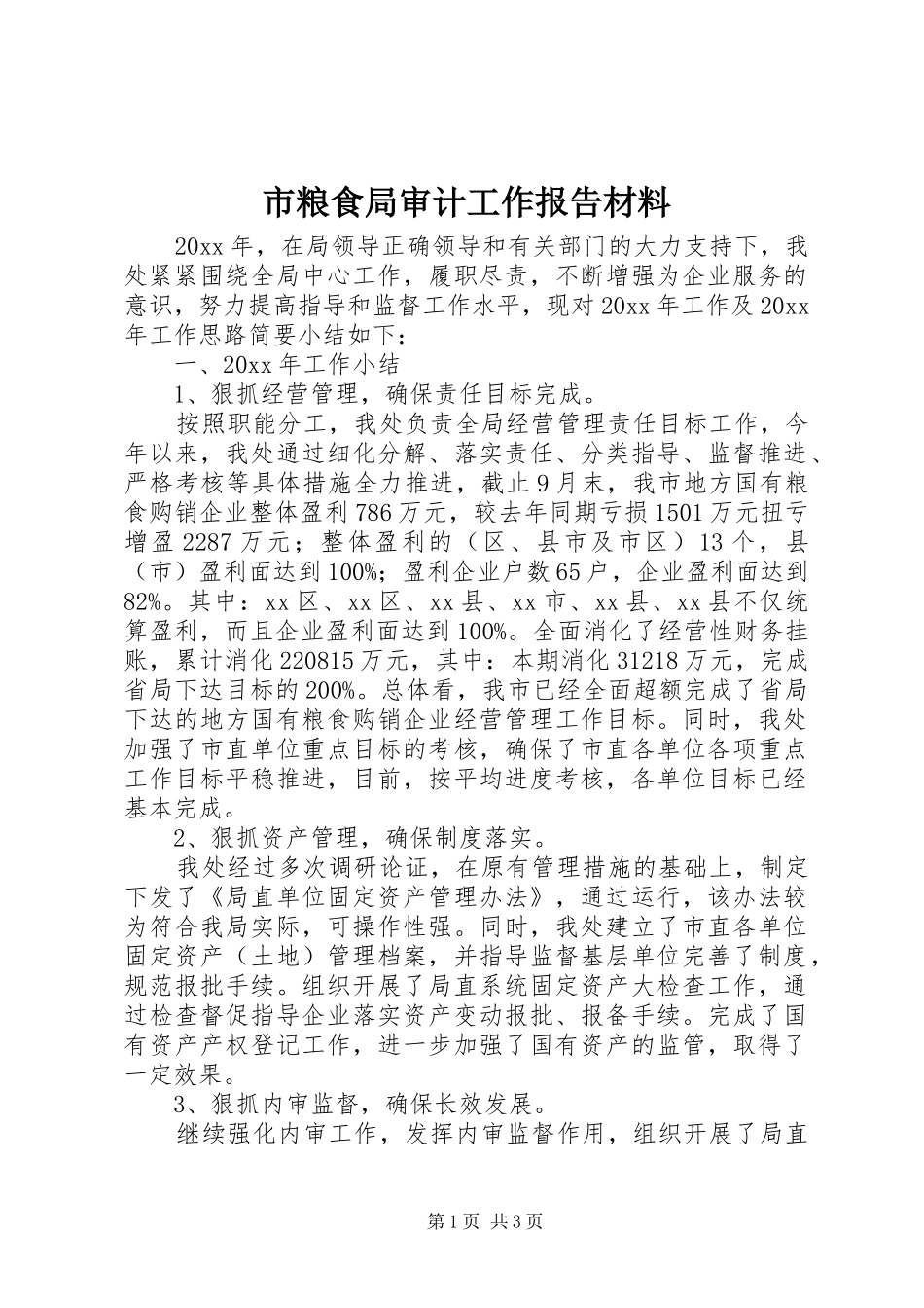 市粮食局审计工作报告材料_第1页