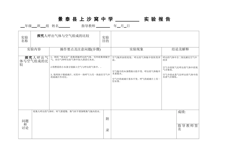 探究人呼出气体与空气组成的比较实验报告_第1页