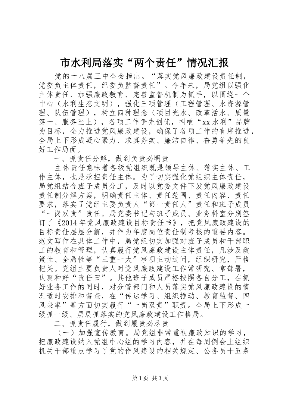 市水利局落实“两个责任”情况汇报_第1页