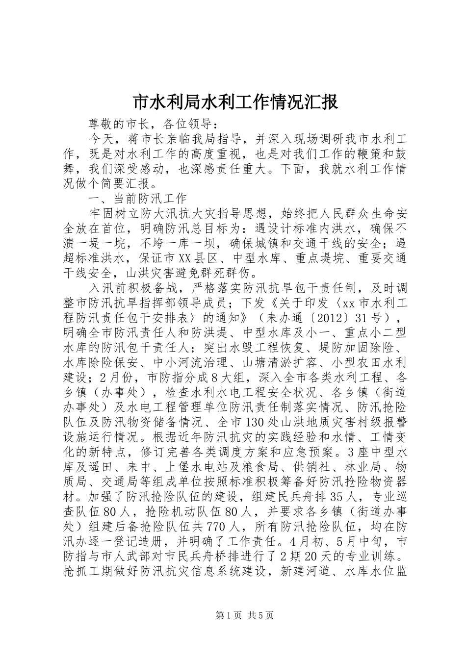 市水利局水利工作情况汇报_第1页
