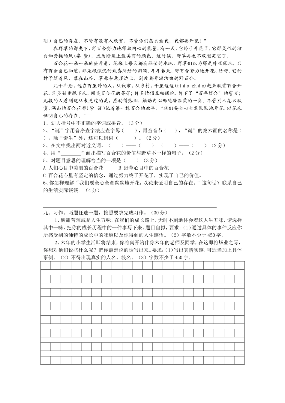 小学语文六年级期末测试郭卉影_第3页