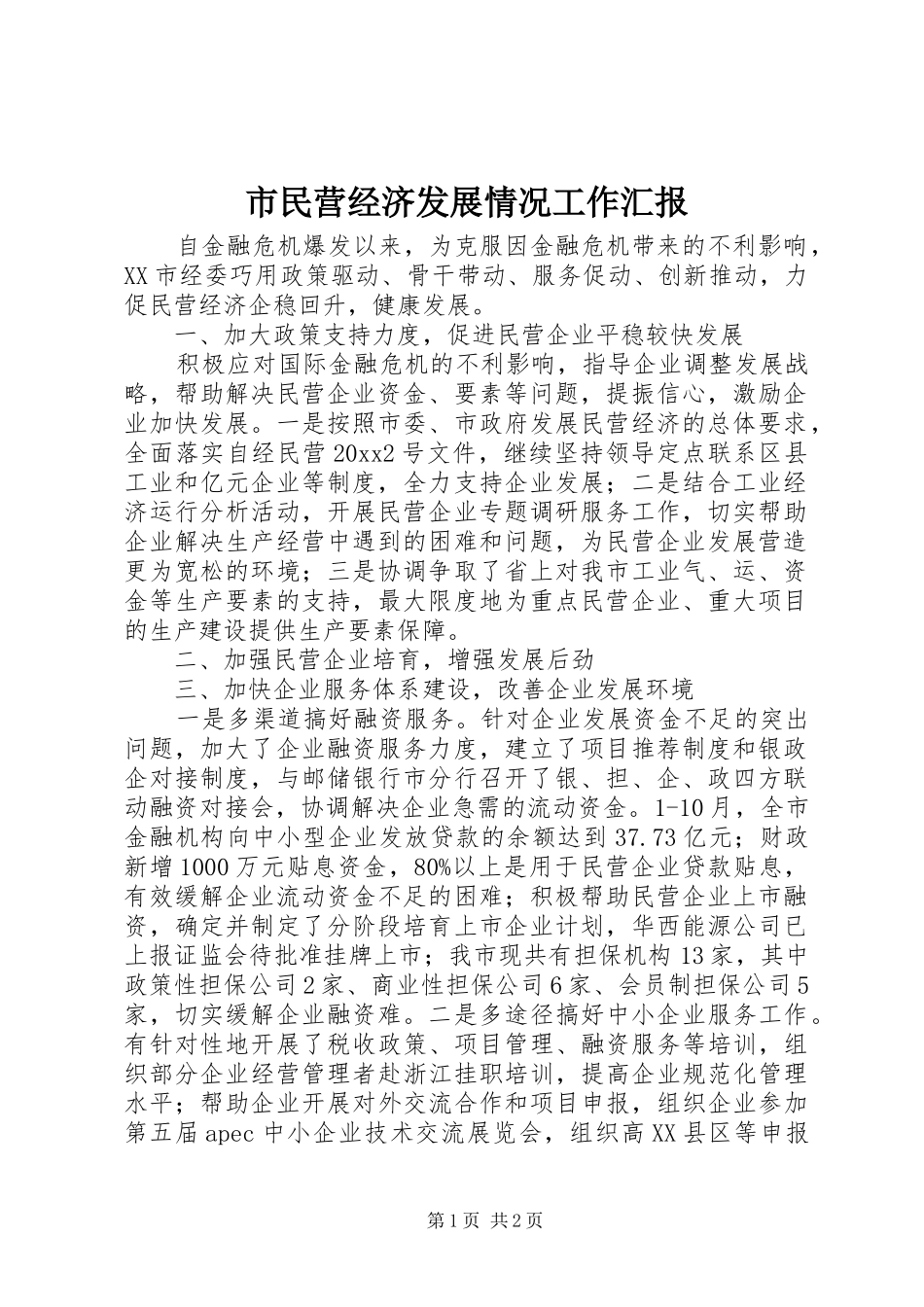 市民营经济发展情况工作汇报_第1页