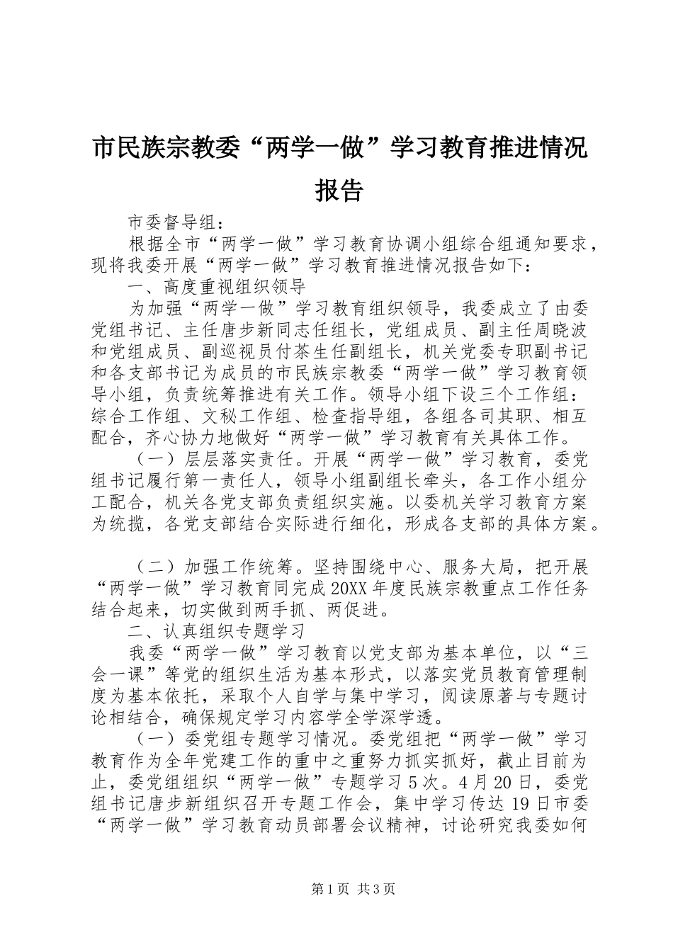 市民族宗教委“两学一做”学习教育推进情况报告_第1页