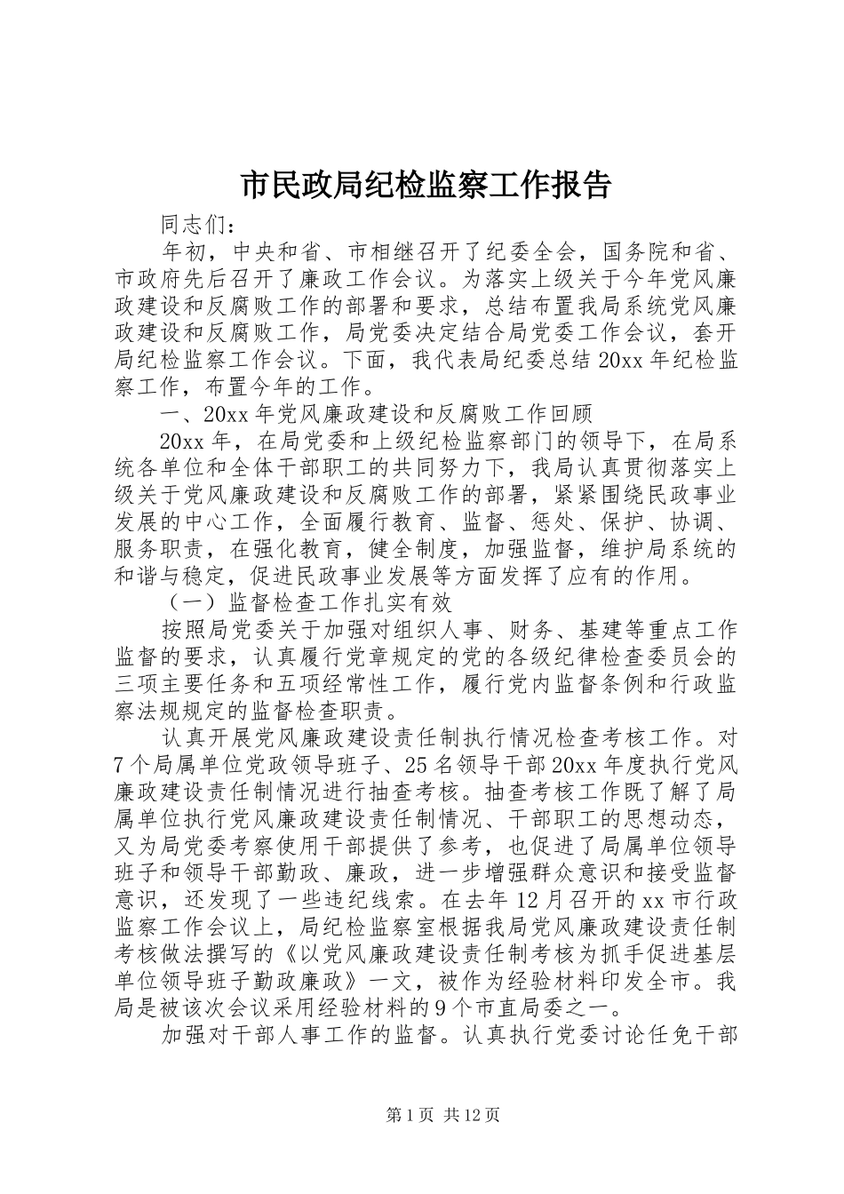 市民政局纪检监察工作报告_第1页