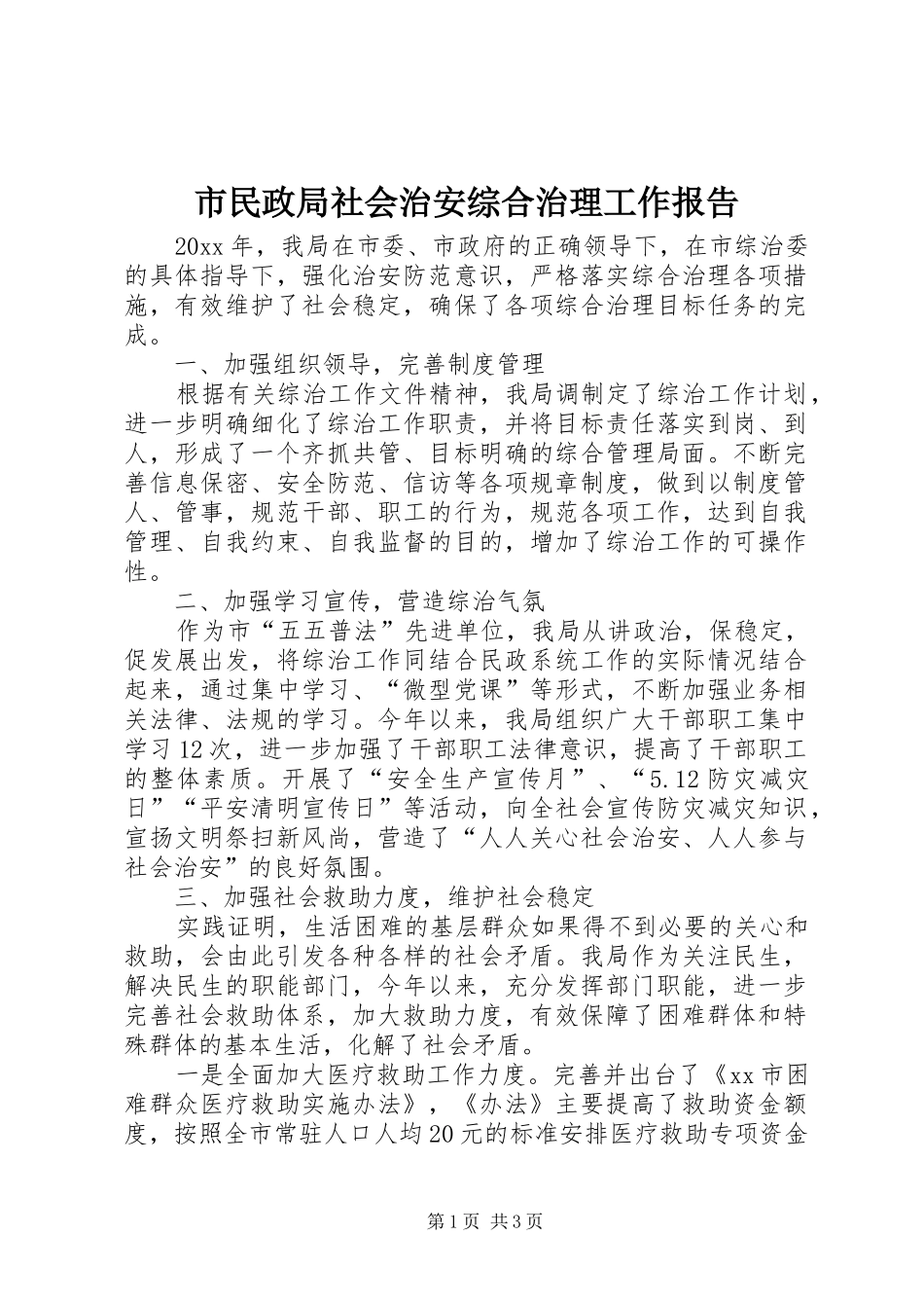 市民政局社会治安综合治理工作报告_第1页