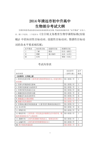 2014年清远市初中升高中生物部分解读