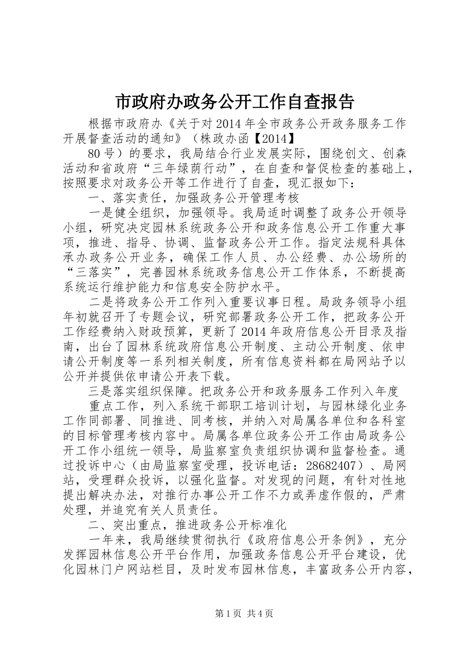 市政府办政务公开工作自查报告_第1页