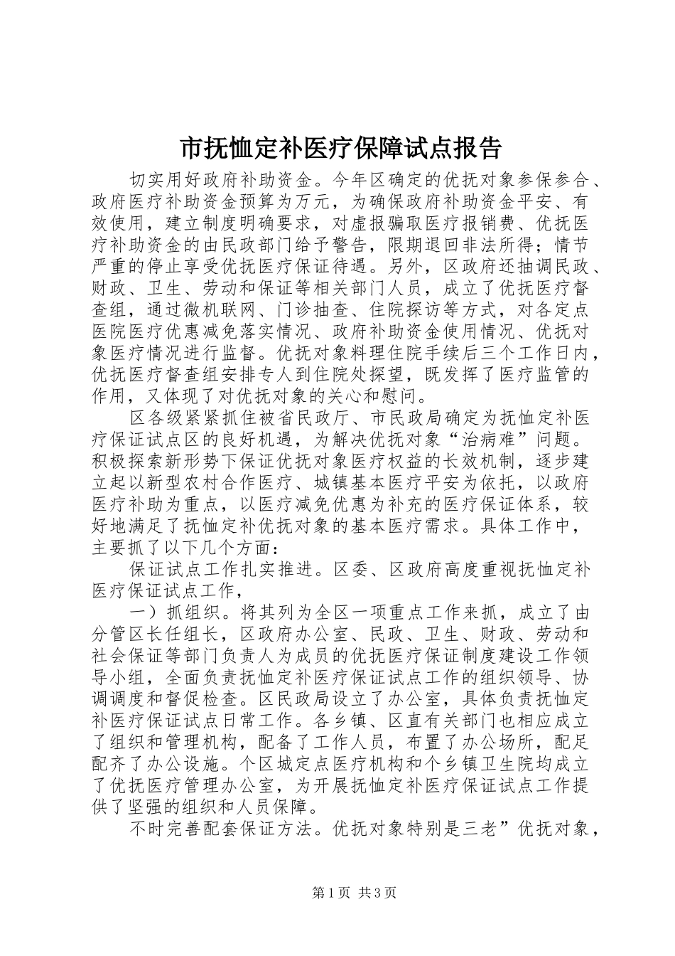 市抚恤定补医疗保障试点报告_第1页