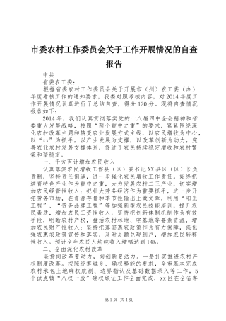 市委农村工作委员会关于工作开展情况的自查报告