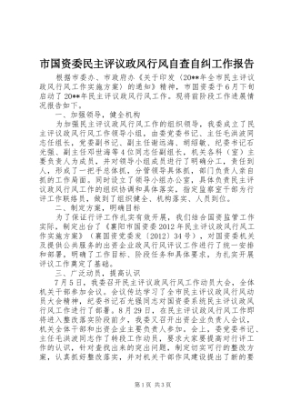 市国资委民主评议政风行风自查自纠工作报告