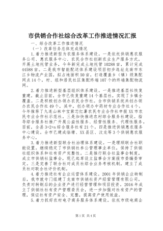 市供销合作社综合改革工作推进情况汇报
