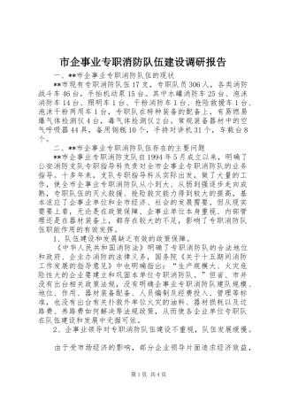 市企事业专职消防队伍建设调研报告
