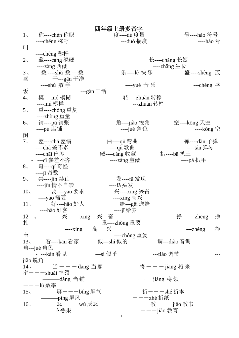 四年级上册多音字近反义词_第1页