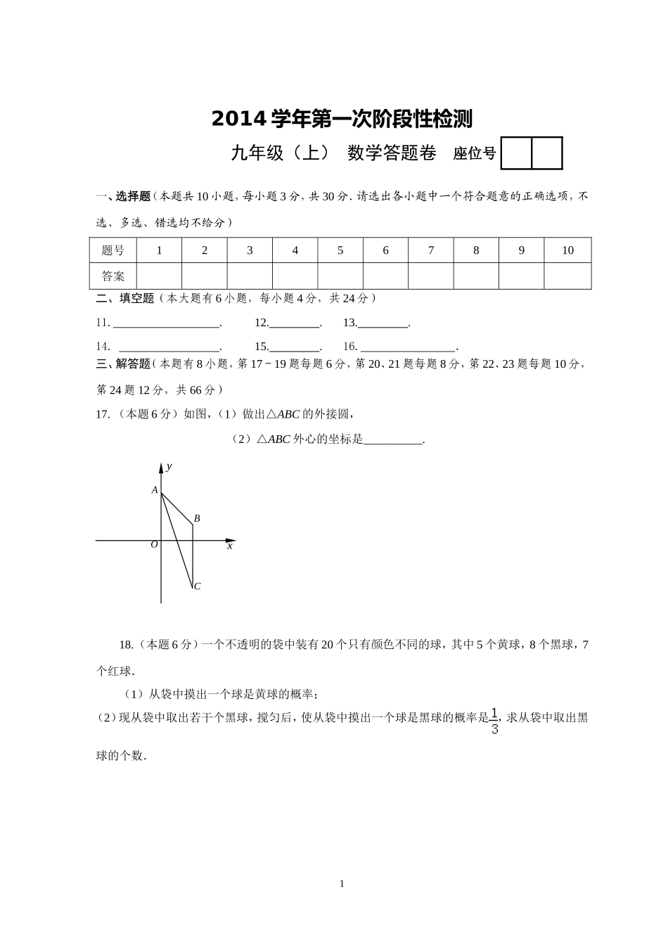 2014年九年级第一次月考数学答题卷（定稿版）_第1页