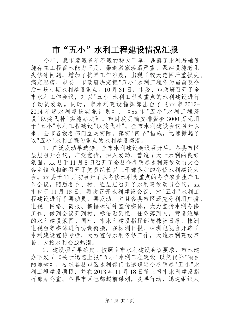 市“五小”水利工程建设情况汇报_第1页