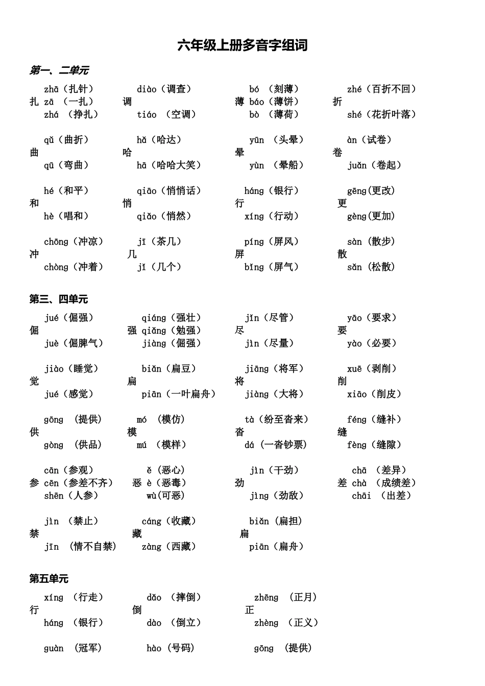 人教版六年级上册多音字组词_第1页