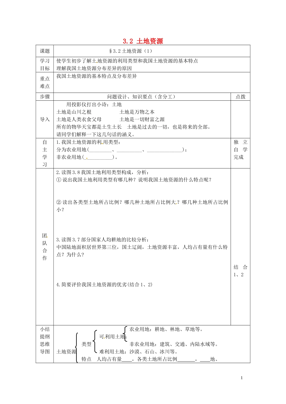 重庆市永川区第五中学校八年级地理上册32土地资源（第1课时）导学案（无答案）新人教版_第1页
