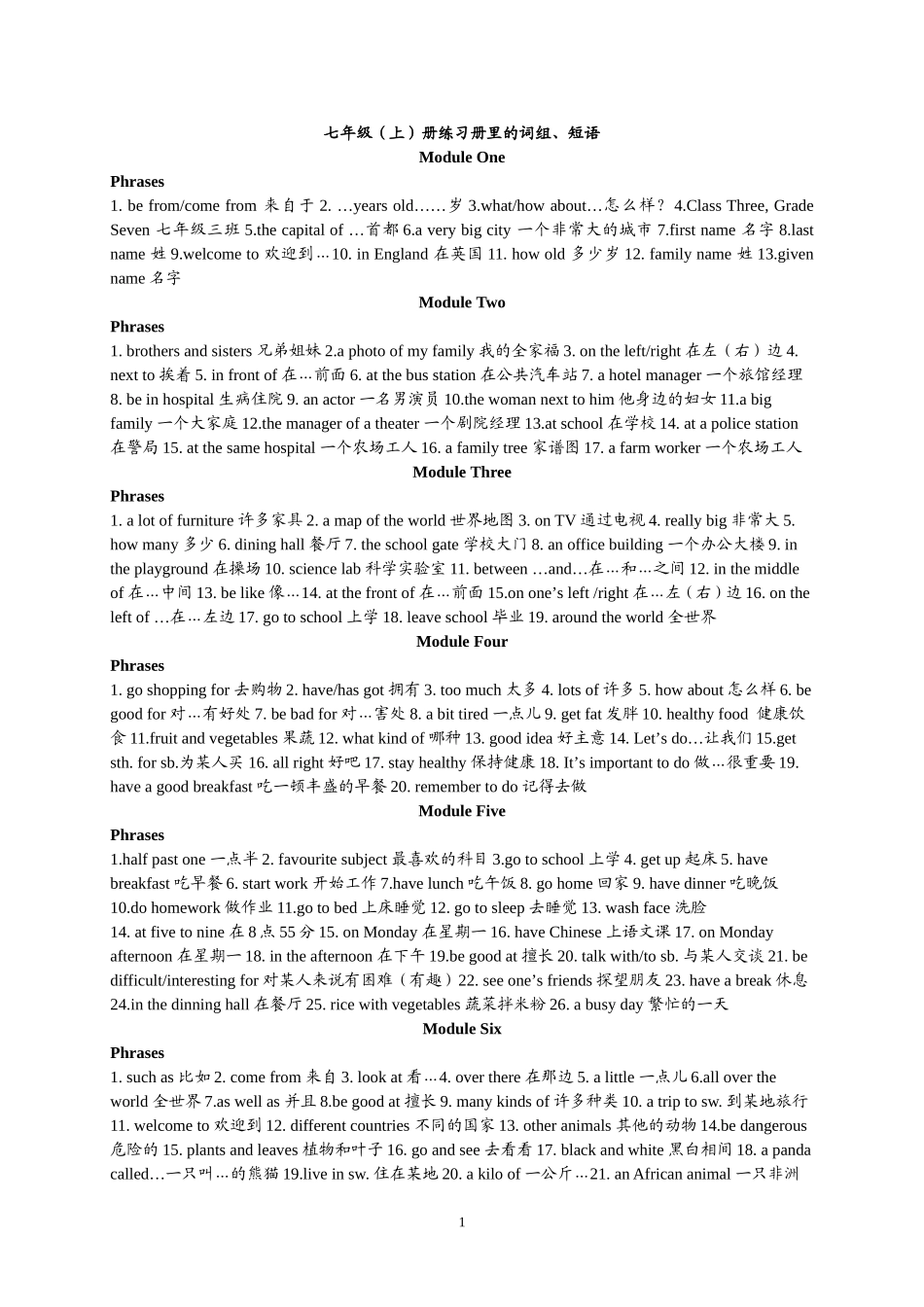七年级（上册）练习册里的词组、短语_第1页