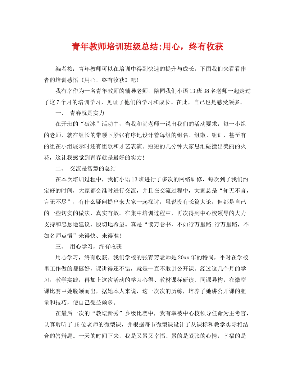 青年教师培训班级总结-用心，终有收获 _第1页